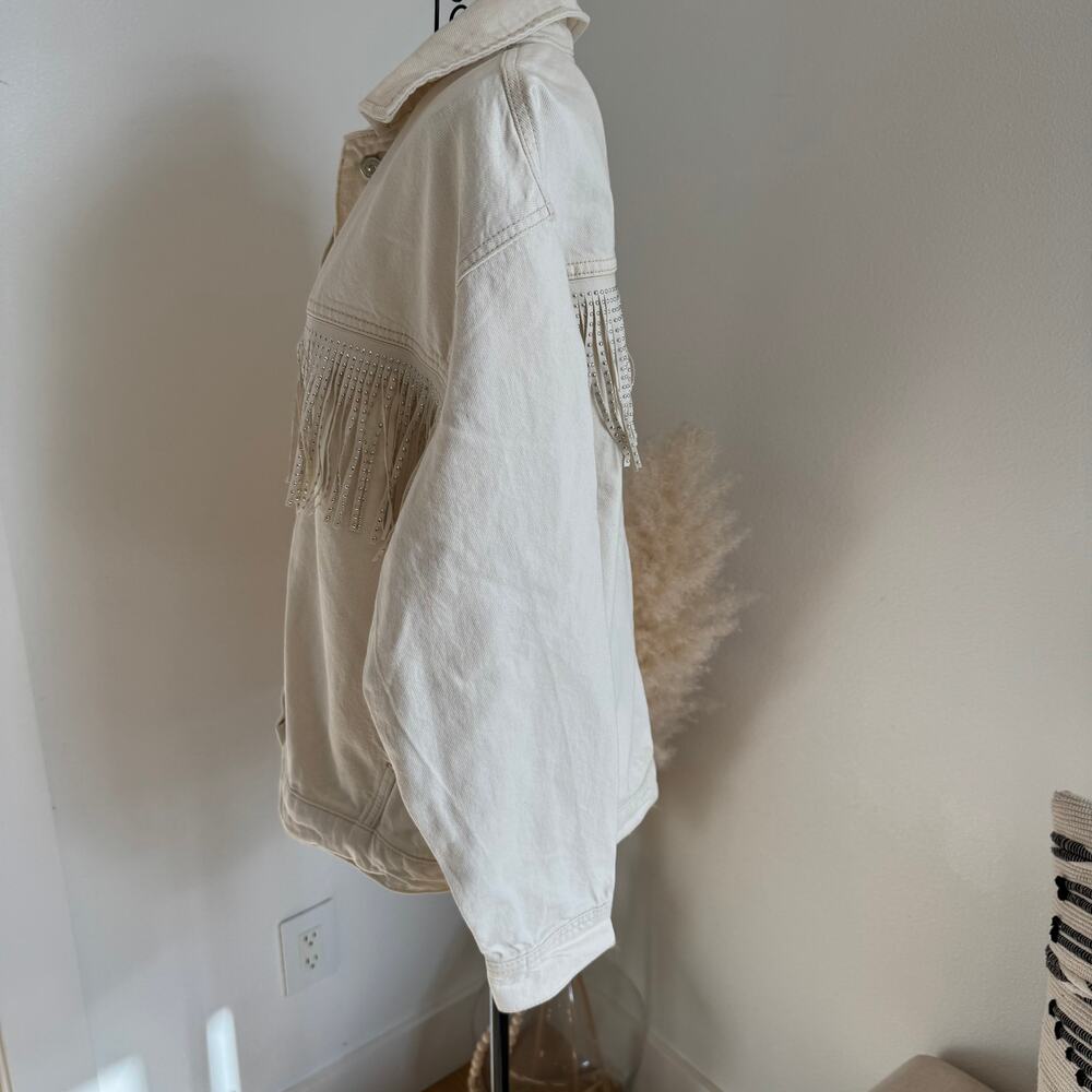 ZARA Cream White Western Fringe Studded Denim Jacket NWT Size Small - Picture 3 of 14